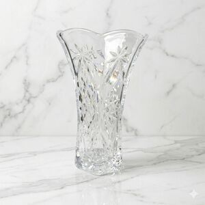 Vintage Heavy Cut Crystal Trumpet Vase Hexagon Starburst Base Scalloped Rim